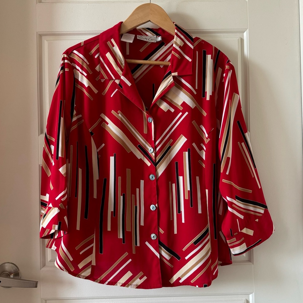 Vintage 1980s Kathy Che Button Down Shirt in Red Geometric Print Size 18